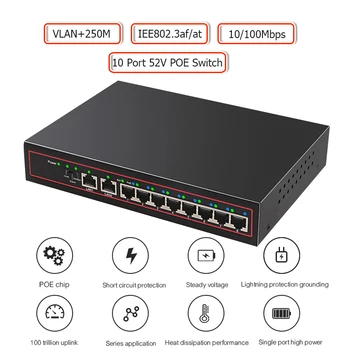10 Port Ethernet POE Switch 52V VLAN 10/100 mbps IEEE 802.3 af/Tinklo Jungiklis VAIZDO IP Kamera, Wireless, su išoriniu Maitinimo