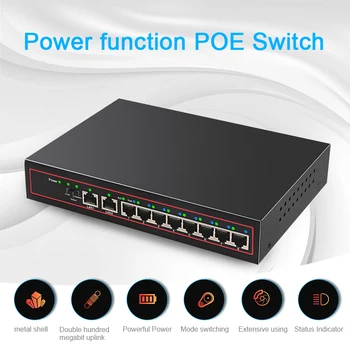 10 Port Ethernet POE Switch 52V VLAN 10/100 mbps IEEE 802.3 af/Tinklo Jungiklis VAIZDO IP Kamera, Wireless, su išoriniu Maitinimo
