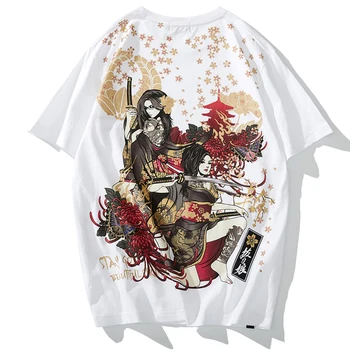 Aolamegs Vyrų Marškinėliai Japonų samurajus Gėlių Spausdinti marškinėliai Harajuku Atsitiktinis Marškinėlius Prarasti Pora Trumpas Rankovės Streetwear Vasaros