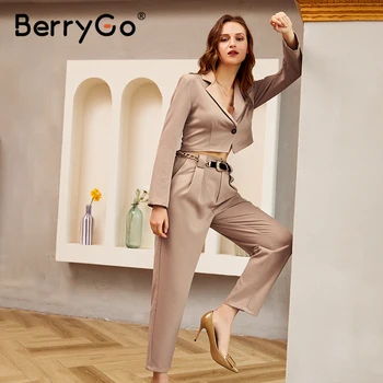 BerryGo Dviejų dalių švarkas moterims tinka, ilgomis rankovėmis dvigubai kietas laisvalaikio švarkas kelnės nustato Biuro ponios elegantiškas ziajać kostiumai 2020 m.