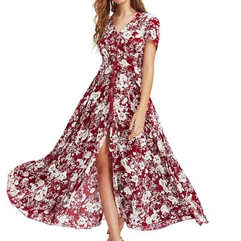 Vasaros Suknelė su V-kaklo Gėlių Spausdinti Suknelė Bohemijos Ilgos Suknelės Padalinta Suknelė