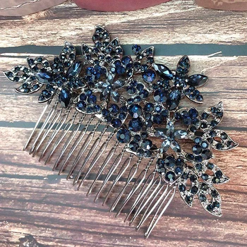 Vintage Blue Navy Kristalų Vestuvių Šukuosena Kalnų Krištolas Gėlių Nuotakos Plaukų Šukos Moterų Prom Plaukų Aksesuarai