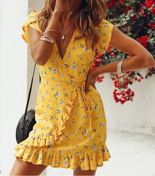 Vasarą, Geltona Derliaus Moterų Mini Suknelė Gėlių Wrap Giliai V-kaklo trumpomis Rankovėmis Paplūdimio Suknelės Raukiniai Šalies Trumpas Sundress