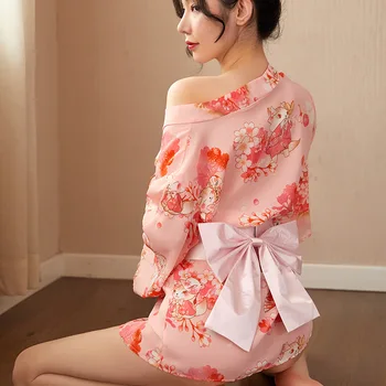 Japonų Kimono Suknelę, Sakura Sexy Mergina Seksualus Kostiumas Geiša Moteris Skraiste Derliaus Haori Trumpas Yukata Cosplay Chalatas Šilko Drabužiai