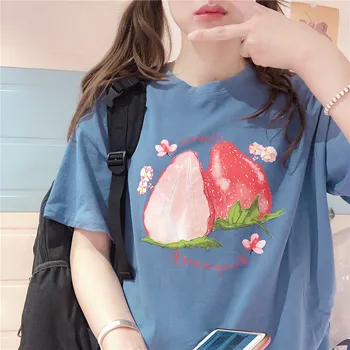 Moterų Mažų šviežių Mielas Braškių Spausdinti Spalvotų T-shirt Girls Studentų Vasaros Minkštas Sesuo Saldus puloveris Viršūnes Kolegijos stilius