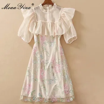 MoaaYina Mados Dizaineris suknelė Vasaros Moterų Suknelė trumpomis rankovėmis Raukiniai Gėlės Blizgučiai Akių Suknelės