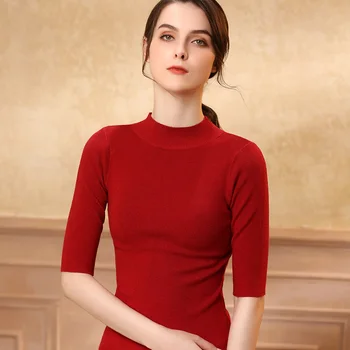 BARESKIY kašmyro megztinis moteriška apvalios kaklo trumpas pusė rankovės vientisos spalvos atsitiktinis megztinis megztas elastinga trumparankoviai marškinėliai