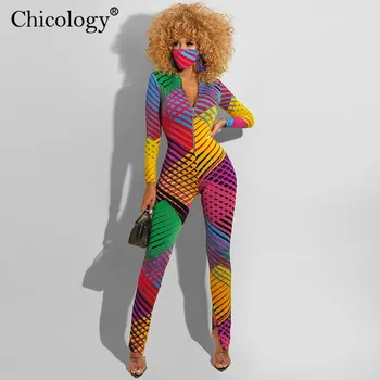 Chicology 2020 metų mados rudenį jumpsuit ilgomis rankovėmis padalinta šuolis kostiumas moterims bodycon seksualus klubo apranga žiemos elegantiškas spausdinti streetwear