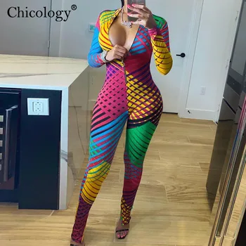 Chicology 2020 metų mados rudenį jumpsuit ilgomis rankovėmis padalinta šuolis kostiumas moterims bodycon seksualus klubo apranga žiemos elegantiškas spausdinti streetwear