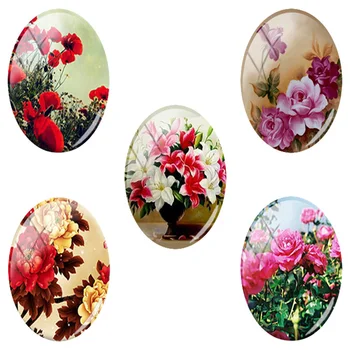TAFREE 2019 NAUJAS derinys spalvų gėlių Ovalo Formos 18x25 mm Nuotrauką 5vnt/daug Stiklo Cabochon Dome Butas Atgal Papuošalai Padaryti Išvadas FQ45