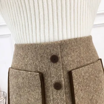 Mados 2020 M. Rudens Žiemos Trumpas Vilnonis Sijonas Moterims, Elegantiškas Mygtuką Kišenė Mini Sijonai, Moteriškos Linijos Vilnos Faldas Saia Jupe Femme