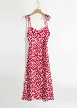 Derliaus elegantiškas spagečiai dirželiai raukiniai midi suknelė moterims prancūzijos šifono pink gėlių spausdinti moterų suknelė moterų vestidos