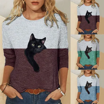 Moteriški Marškinėliai Su Kačių moteriški marškinėliai ilgomis Rankovėmis Katė Spausdinti Palaidinukė Megztinis Tunika Viršūnes Viršų Moteriška Streetwear