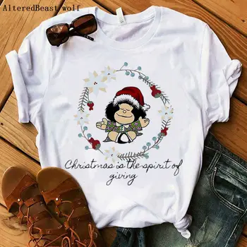 Kalėdų marškinėlius mielas Mafalda spausdinti moterų trumpomis rankovėmis viršūnes merginos laisvalaikio t-shirt 