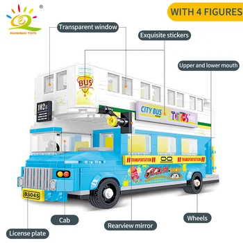 HUIQIBAO ŽAISLAI 602pcs Mėlyna Dviaukštis Autobusas Blokai Vaikų Miestas Kūrėjas Van Automobilių Transporto priemonių Rinkinį, kuriame yra Duomenys Plytos