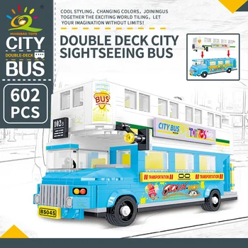 HUIQIBAO ŽAISLAI 602pcs Mėlyna Dviaukštis Autobusas Blokai Vaikų Miestas Kūrėjas Van Automobilių Transporto priemonių Rinkinį, kuriame yra Duomenys Plytos