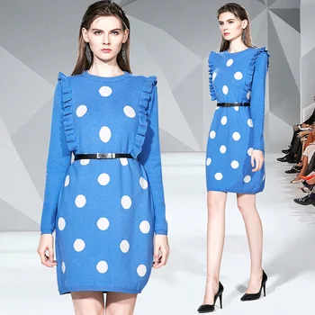 2020 Naujos Suknelės Moterims Prarasti Dot Kelio Ilgis O-Kaklo Mėlynos Suknelės Office Lady Pilnas Mezgimo Medvilnės Lady Šalies Rudenį Suknelės