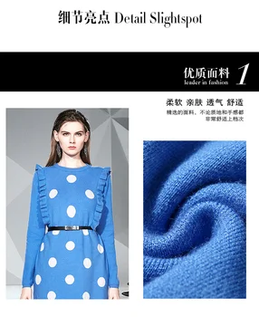 2020 Naujos Suknelės Moterims Prarasti Dot Kelio Ilgis O-Kaklo Mėlynos Suknelės Office Lady Pilnas Mezgimo Medvilnės Lady Šalies Rudenį Suknelės