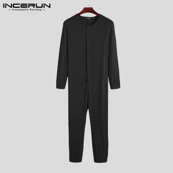 INCERUN vientisa Spalva Vyrų Pižama Jumpsuit Sleepwear Prašmatnus Patogus ilgomis Rankovėmis Mygtuką Laisvalaikio Homewear Fitneso Mens Romper 2021