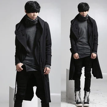 Rudens-žiemos vyrų punk hip-hop slim fit ilgos tranšėjos paltai apsiaustu ir gobtuvu megztinis mens skalbinių virvės konstrukcija gotikos striukes, paltas