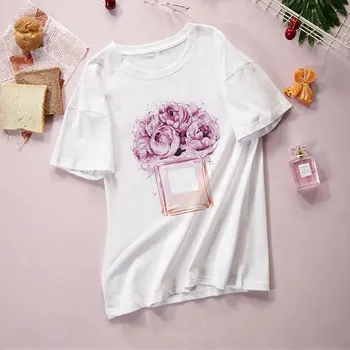 2019 Naujas Vasaros Viršūnes Moterims Gėlių Kvepalai Marškinėliai Harajuku Estetinės Mados O-kaklo Marškinėlius trumpomis Rankovėmis Viršūnės Baltos spalvos marškinėliai Punk