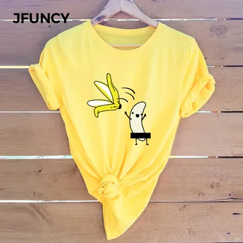 JFUNCY Plius Dydis S-5XL T-Shirt Juokinga Bananų Lupimas Pats Print T Shirt Moterims Medvilnės trumpomis Rankovėmis Vasarą Tee Viršūnes Atsitiktinis Marškinėliai