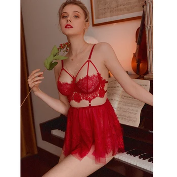 Vieną Rinkinį Perspektyvos Porno Kraujavimas Iš Seksualus Babydoll Suknelė Moterims Karštas Erotinis Apatinis Trikotažas Ponios Blakstienų Nėrinių Pižama Mini Atverti Sleepwear