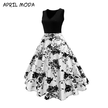 Moterys, vasaros Suknelė su V-kaklo Derliaus 2020 Gėlių Spausdinti Hepburn Didelio Dydžio Suknelė be Rankovių Sundress Atsitiktinis 50s 60s Swing Suknelė