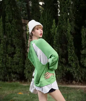 CHEERART Žalia Palaidinukė Rudenį 2020 M. Moteris Raglan ilgomis Rankovėmis Spalva Blokuoti Hoodies Kratinys Viršų Mados Drabužių Streetwear