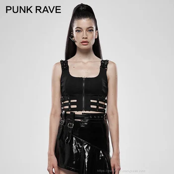PUNK RAVE Moterų Punk Lėlių Futuristinis Vest Patentų odos Tuščiaviduriai Iš Slim Fit Trumpą Diržas Rankovių Asmenybės Juoda Tankai