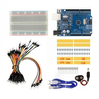 Starter Kit for UNO R3 už Arduino Breadboard Jumper Wire USB Kabelis 9V Baterija Jungtis LED Šviesos Diodų Lempos 10K Rezistorius 1k