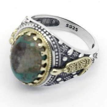 S925 sterlingas sidabro natūralus turkis akmuo vyrų žiedas, natūralus žaliasis turkijos brangakmenio žiedas vyriški papuošalai