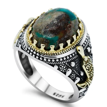 S925 sterlingas sidabro natūralus turkis akmuo vyrų žiedas, natūralus žaliasis turkijos brangakmenio žiedas vyriški papuošalai
