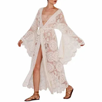 Maxi Boho Kimono Kaftan Cover-Up Suknelė Drabužius Moterims Vien Nėriniai Nėrimo Wrap Paplūdimio Suknelė Baltos Spalvos Ilgas Atviras Priekyje Megztinis Lady