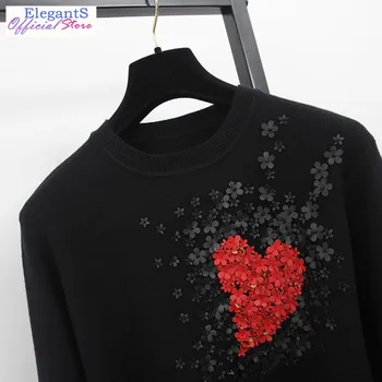 2020 Kratinys Megztiniai Moterų Megztinis Gėlių Aplikacijos Granulių Rudenį, Žiemą Šiltas Megztiniai Star Įžymybių Širdies Modelis Džemperiai Komplektai