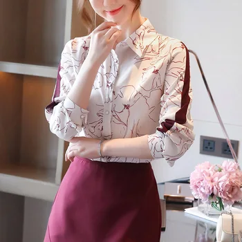 Korėjos Šifono Moterų Marškinėliai Moterims Palaidinės Office Lady Ilgomis Rankovėmis Marškinėliai Topai Plius Dydis Moteris, Gėlių Palaidinė Moteris Spausdinti Marškinėliai