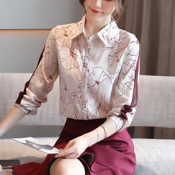 Korėjos Šifono Moterų Marškinėliai Moterims Palaidinės Office Lady Ilgomis Rankovėmis Marškinėliai Topai Plius Dydis Moteris, Gėlių Palaidinė Moteris Spausdinti Marškinėliai