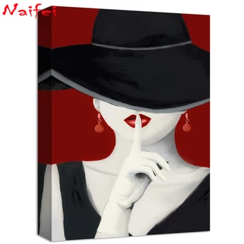 5d Diamond Tapyba Nauja siunta Black hat raudona Lūpų moteris Siuvinėjimo Kryželiu portretas miegamasis Namų Dekoro Deimantų Meno