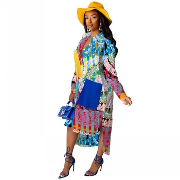 Gėlių Spausdinti Suknelė Moterims Atsitiktinis Biuro Ponios Pavasario Rudens Suknelės Boho Afrikos Elegantiškas Spausdinti Ilgomis Rankovėmis Rudenį Marškinėliai Suknelė