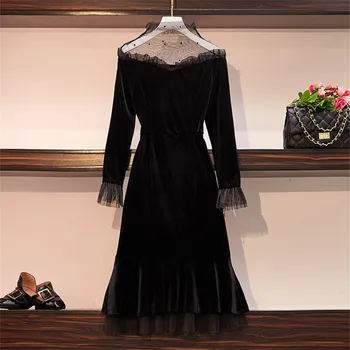 2019 m. Rudens, Žiemos, Derliaus Moterų Aukso Aksomo Suknelės Lady ilgomis Rankovėmis Tinklelio Suknelė Midi ilgio Suknelė Vestidos Feminina Didelis Dydis 1015