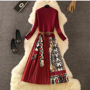 Elegantiškas Megztas Kratinys Plisuotos Midi Suknelė 2019 M. Rudenį, Žiemos Mada Moterims Ilgomis Rankovėmis Etninės Retro Spausdinimo Plisuotos Suknelė