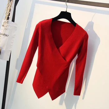 LANMREM 2020 m. Rudenį slim asimetrinė viršų seksualus V-kaklo padalinta trikotažas puloveris bazės marškinėliai ilgomis rankovėmis plona, stora megztinis 2A186