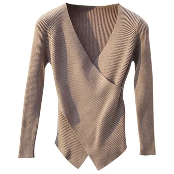LANMREM 2020 m. Rudenį slim asimetrinė viršų seksualus V-kaklo padalinta trikotažas puloveris bazės marškinėliai ilgomis rankovėmis plona, stora megztinis 2A186
