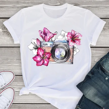 Moterų Grafinis Gėlių Kamera Mielas Gėlių Spausdinti Trumpomis Rankovėmis Vasarą Lady WomensT-Shirt Marškinėliai Tees Drabužių Viršūnes Moterų Marškinėliai