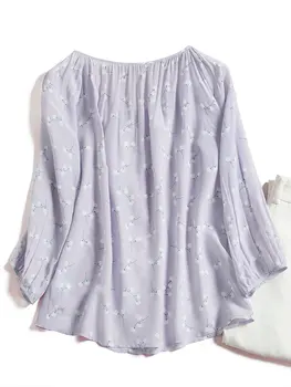2021 Mados Moterų Nauja Violetinė Gėlių prancūzijos Raglan Rankovėmis Mulberry Šilko Krepo De Chine Dizainerio Šilko marškinėliai