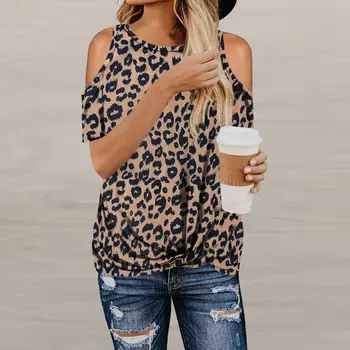 Vasaros Plius Dydis Moterų Leopard Print T Shirts Off Peties Trumpas Rankovės marškinėliai Ponios Viršūnes Mados Drabužiai