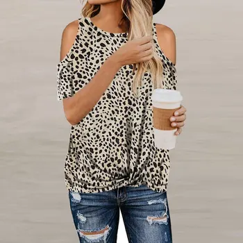 Vasaros Plius Dydis Moterų Leopard Print T Shirts Off Peties Trumpas Rankovės marškinėliai Ponios Viršūnes Mados Drabužiai