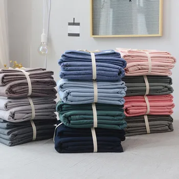 Japonų stiliaus medvilnės plauti medvilnės 3/4pcs patalynės komplektai(antklode padengti+plokščias lapas+užvalkalas pagalvei) Osyter vientisos spalvos