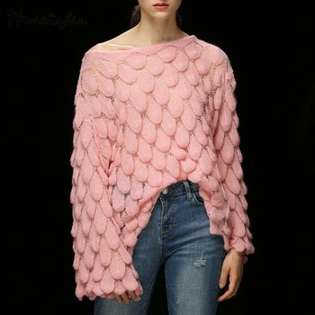 Huaxiafan seksualus off peties moterų megztinis megztinis Ilgas atspalvių ragų rankovės moterų megztinis Rudens mados atsitiktinis megztinis street