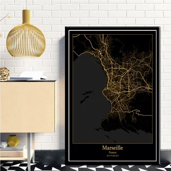 Marselis, Prancūzija Black&Gold Miesto Šviesos Žemėlapiai Užsakymą Pasaulio Miesto Žemėlapį, Plakatai, Drobė Spausdina Šiaurės Stiliaus Sienos Menas Namų Dekoro